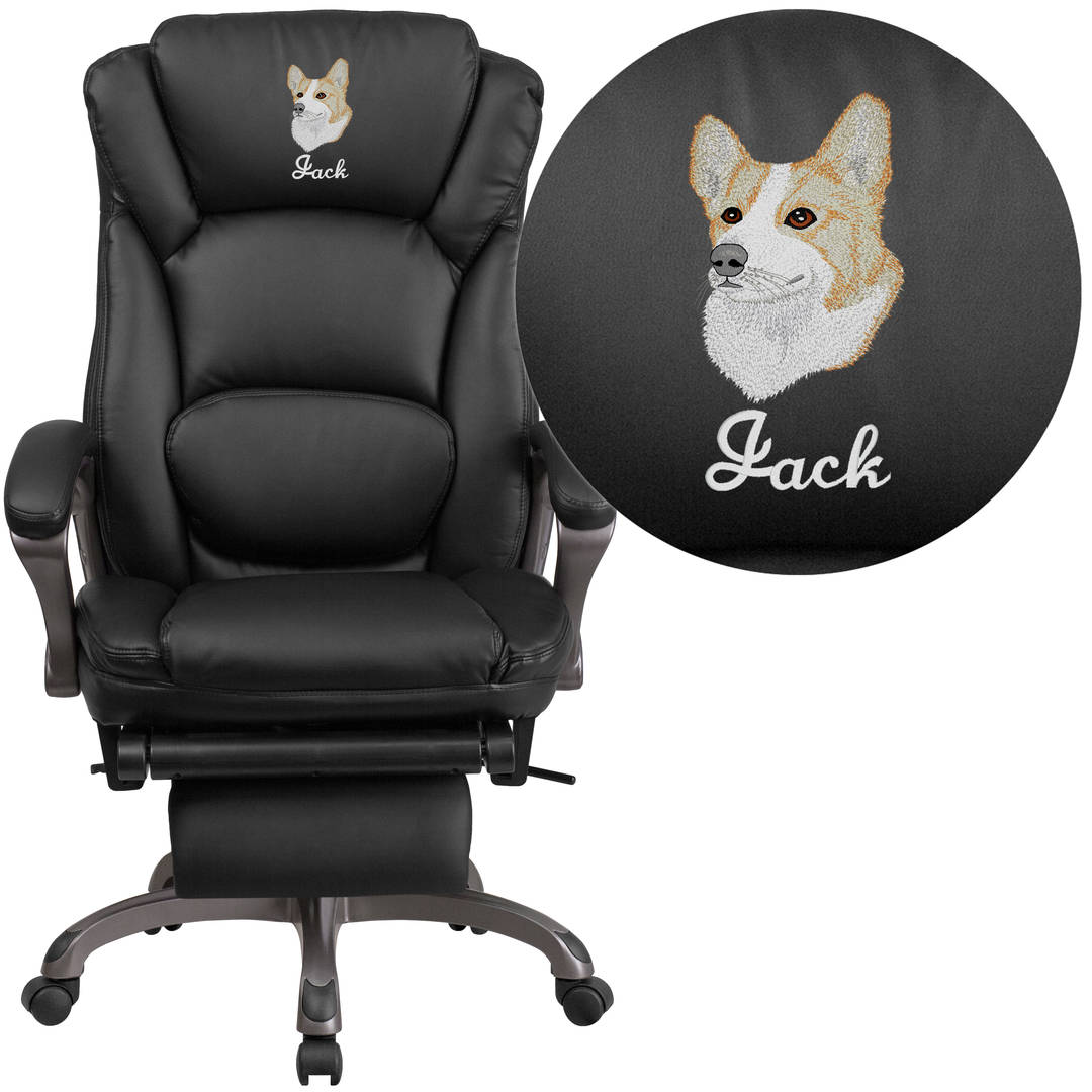 Martin Embroidered High Back Black LeatherSoft Executive Reclining Ergonomic Office Chair with Outer Lumbar Cushion and Arms