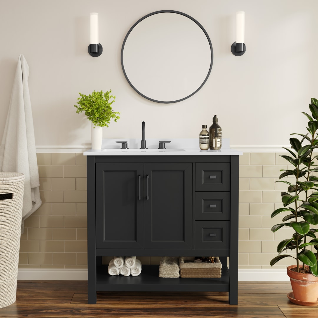 Vega 36" Bathroom Vanity with Sink, Cabinet with Black Hardware, Soft Close Doors, Open Shelf &amp; 3 Drawers, Carrara Marble Finish Counter, Black/White