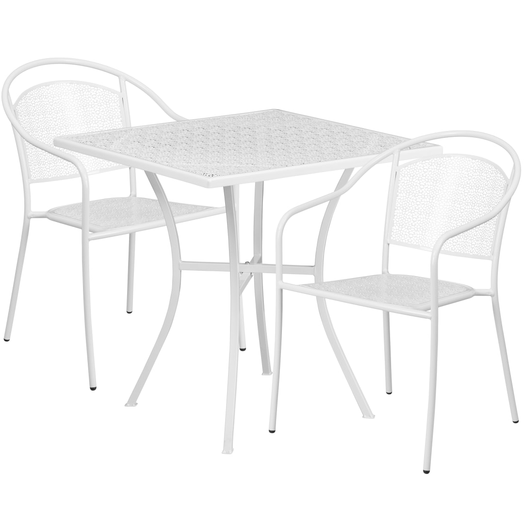 Oia Commercial Grade 28" Square White Indoor-Outdoor Steel Patio Table Set with 2 Round Back Chairs