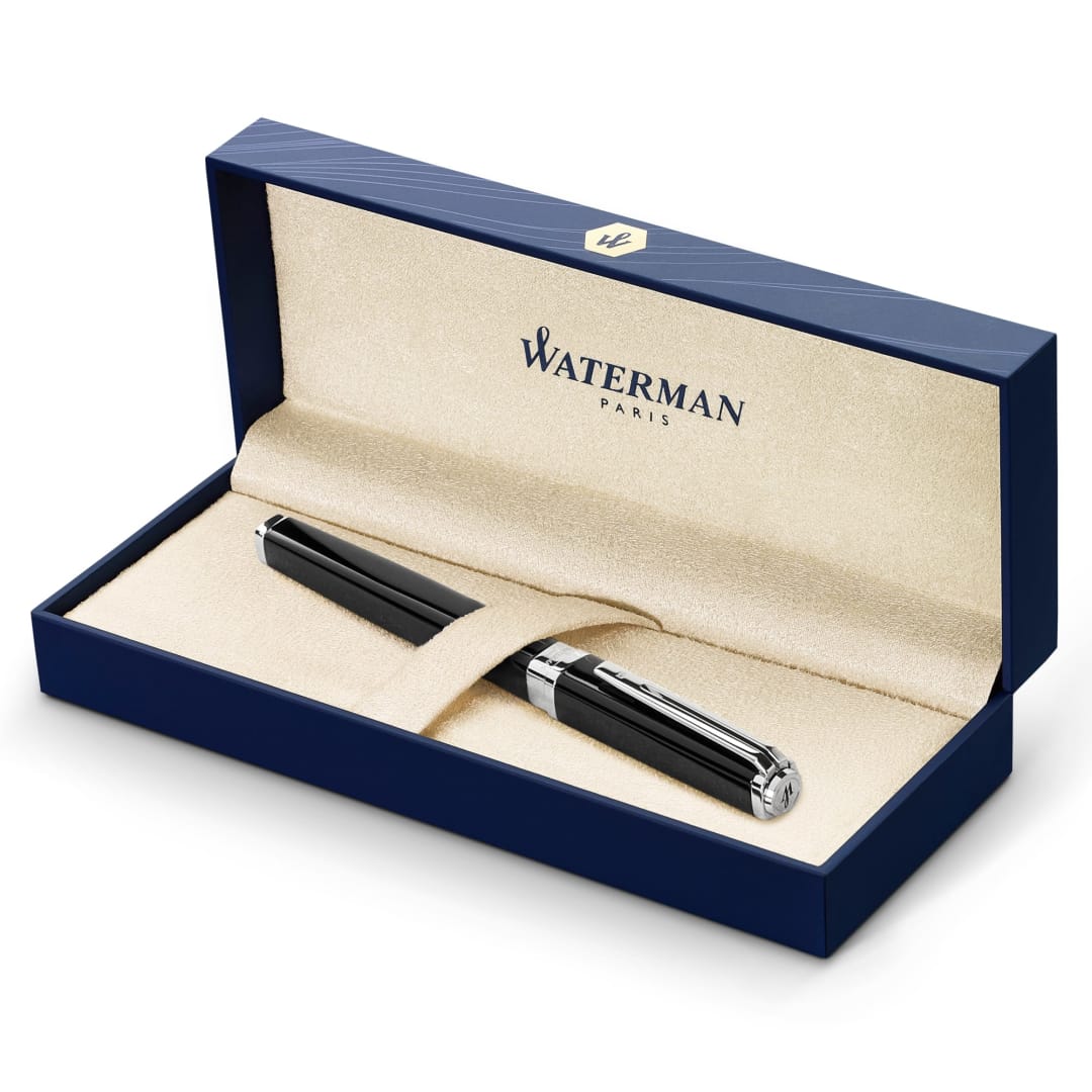 Waterman Exception Fountain Pen | Slim Black with Silver Plated Clip | Fine Nib with Blue Ink Cartridge | Gift Box