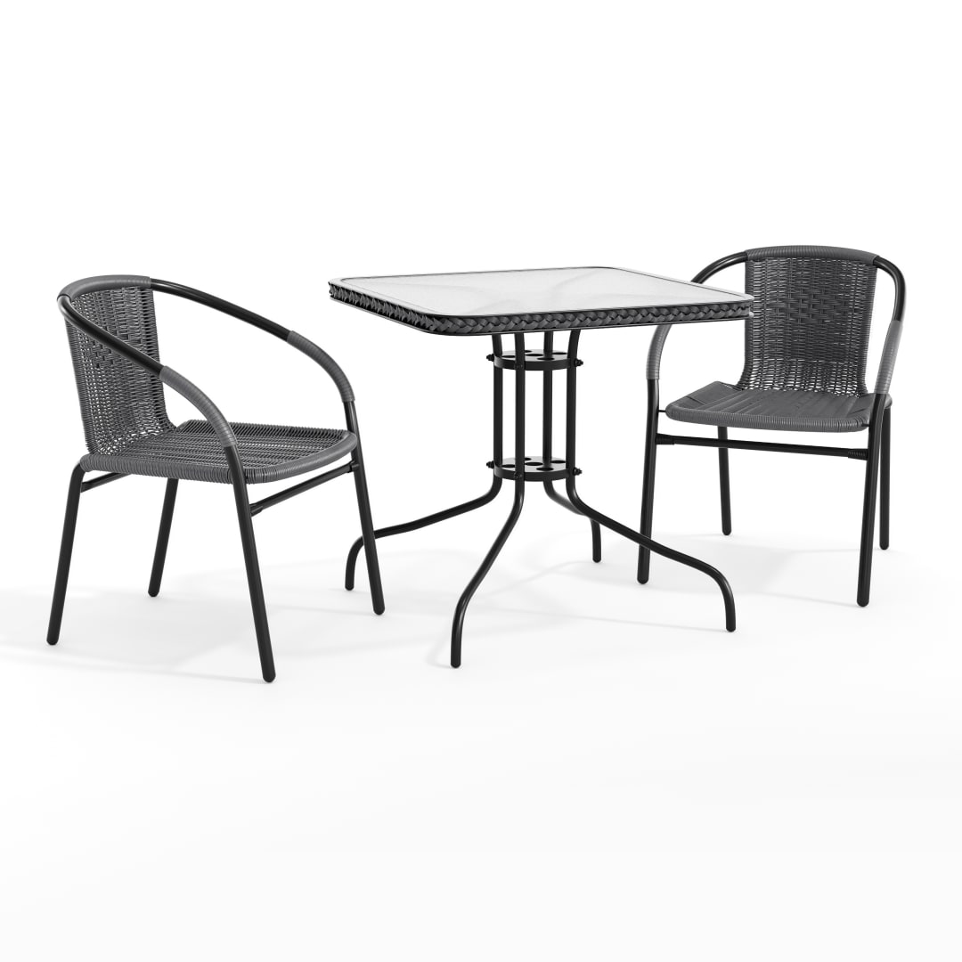 Lila 28'' Square Glass Metal Table with Gray Rattan Edging and 2 Gray Rattan Stack Chairs
