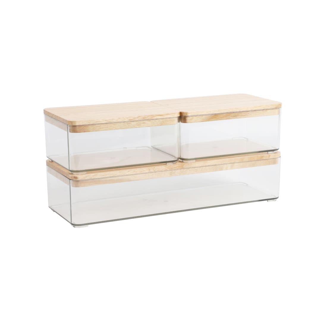 Grady Set of 3 Clear Plastic Stackable Storage Boxes with Light Natural Paulownia Wood Lids
