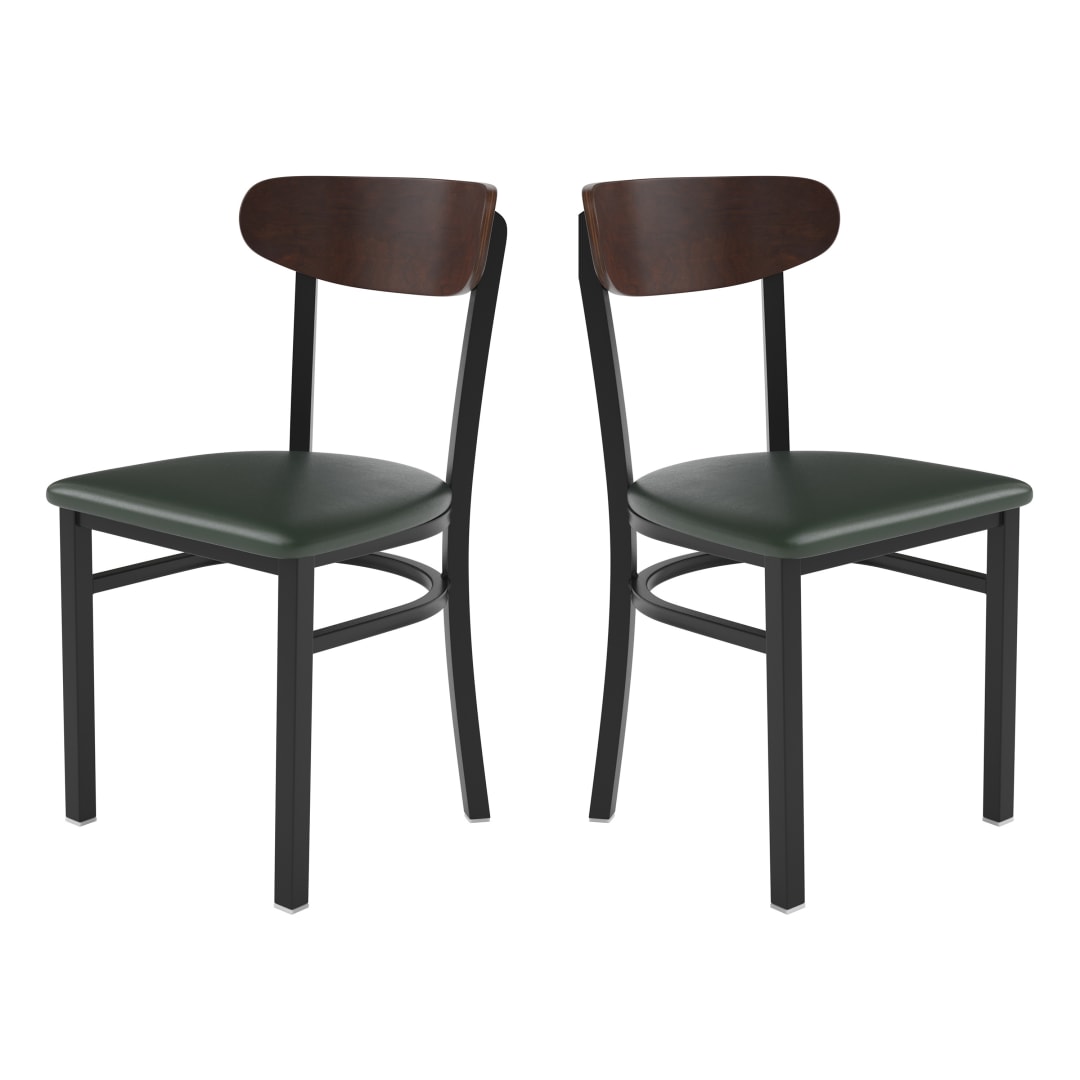 Wright Set of 2 Commercial Dining Chairs with 500 LB. Capacity Black Steel Frame, Walnut Finish Wooden Boomerang Back, and Green Vinyl Seat