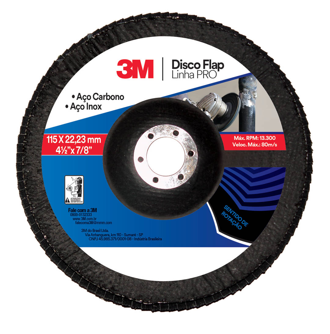 Disco Flap 3M™ PRO – Diâmetro de 115 mm, Furo Central de 22,2 mm, grão 80, Respaldo de Fibra Formato Cônico