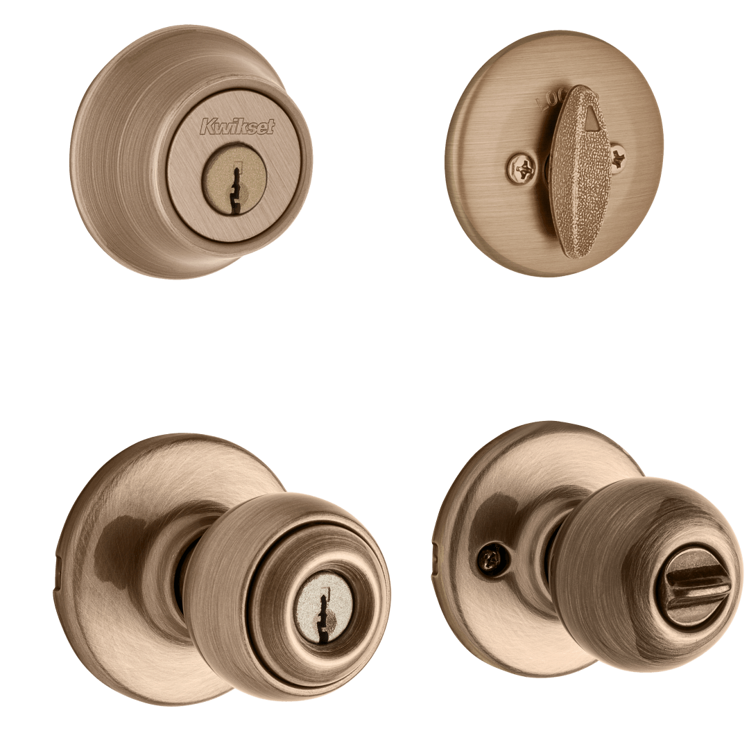 690 Polo Keyed Entry Knob and Single Cylinder Deadbolt Combo Pack in Antique Brass