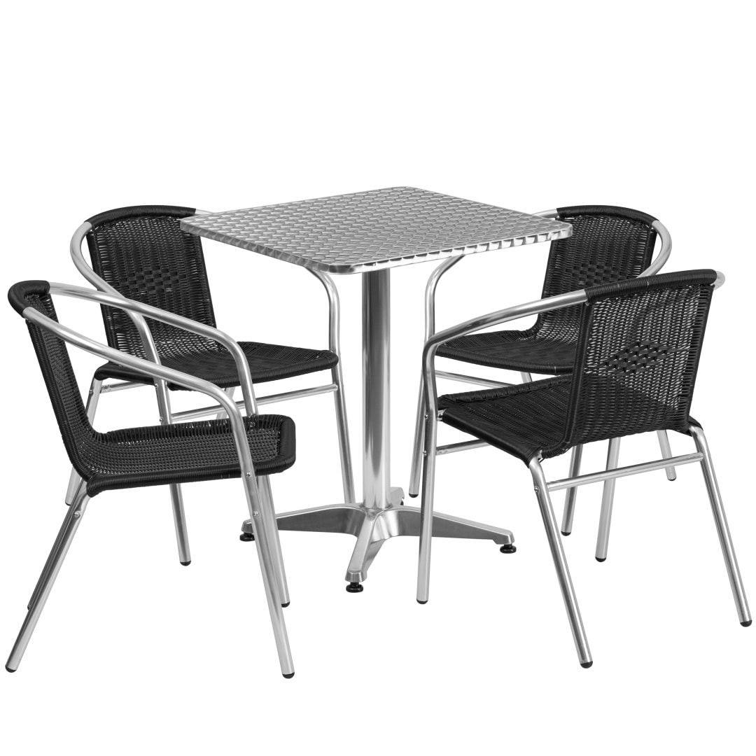 Lila 23.5'' Square Aluminum Indoor-Outdoor Table Set with 4 Black Rattan Chairs