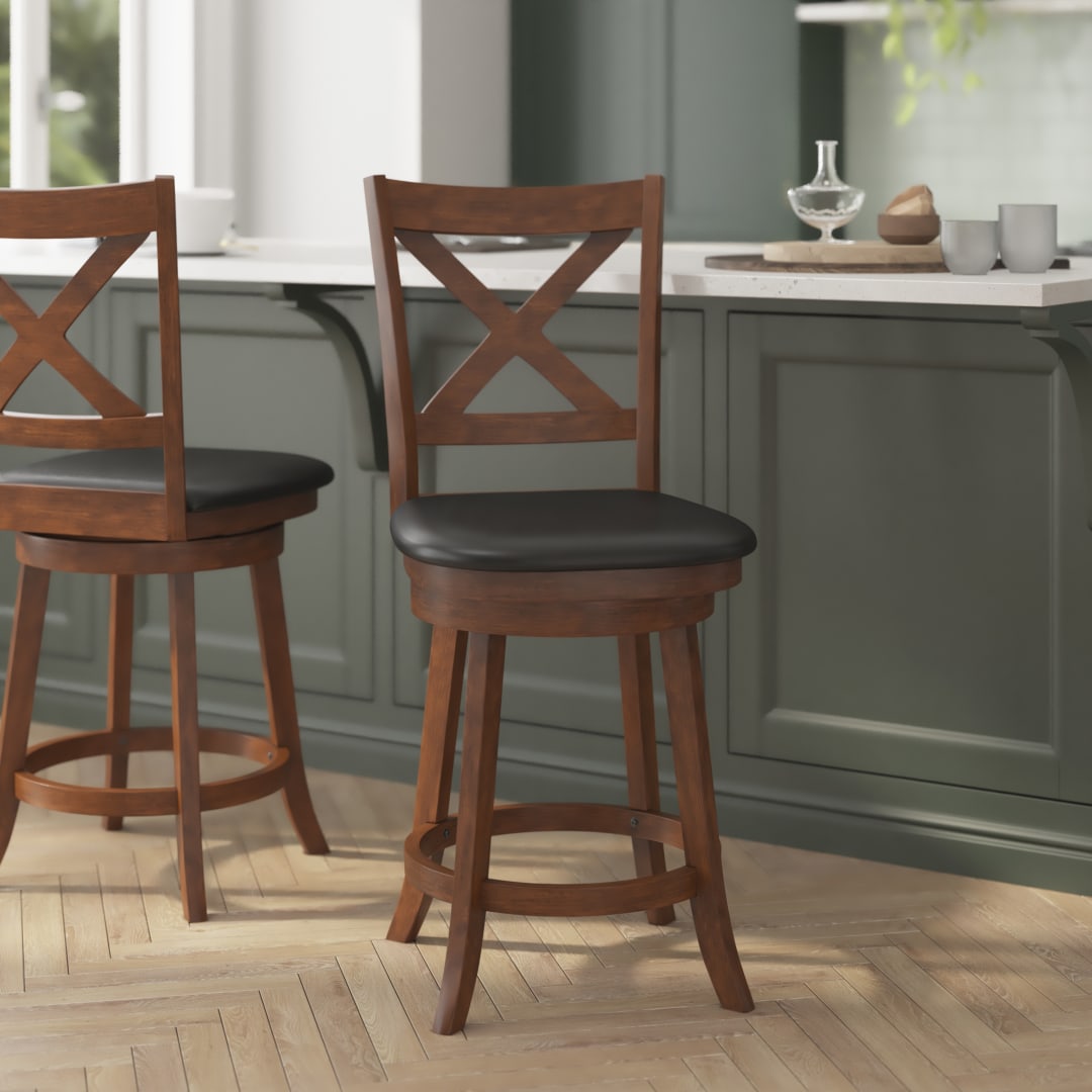 Felicity Commercial Grade Wood Classic Crossback Swivel Counter Height Barstool with Padded Black LeatherSoft Seat, Antique Oak