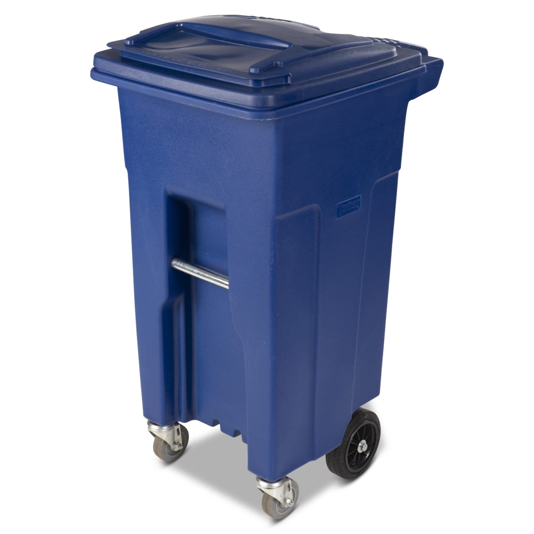 Toter 32 Gal. Blue Trash Can with Wheels and Lid (2 caster wheels 2 stationary wheels)