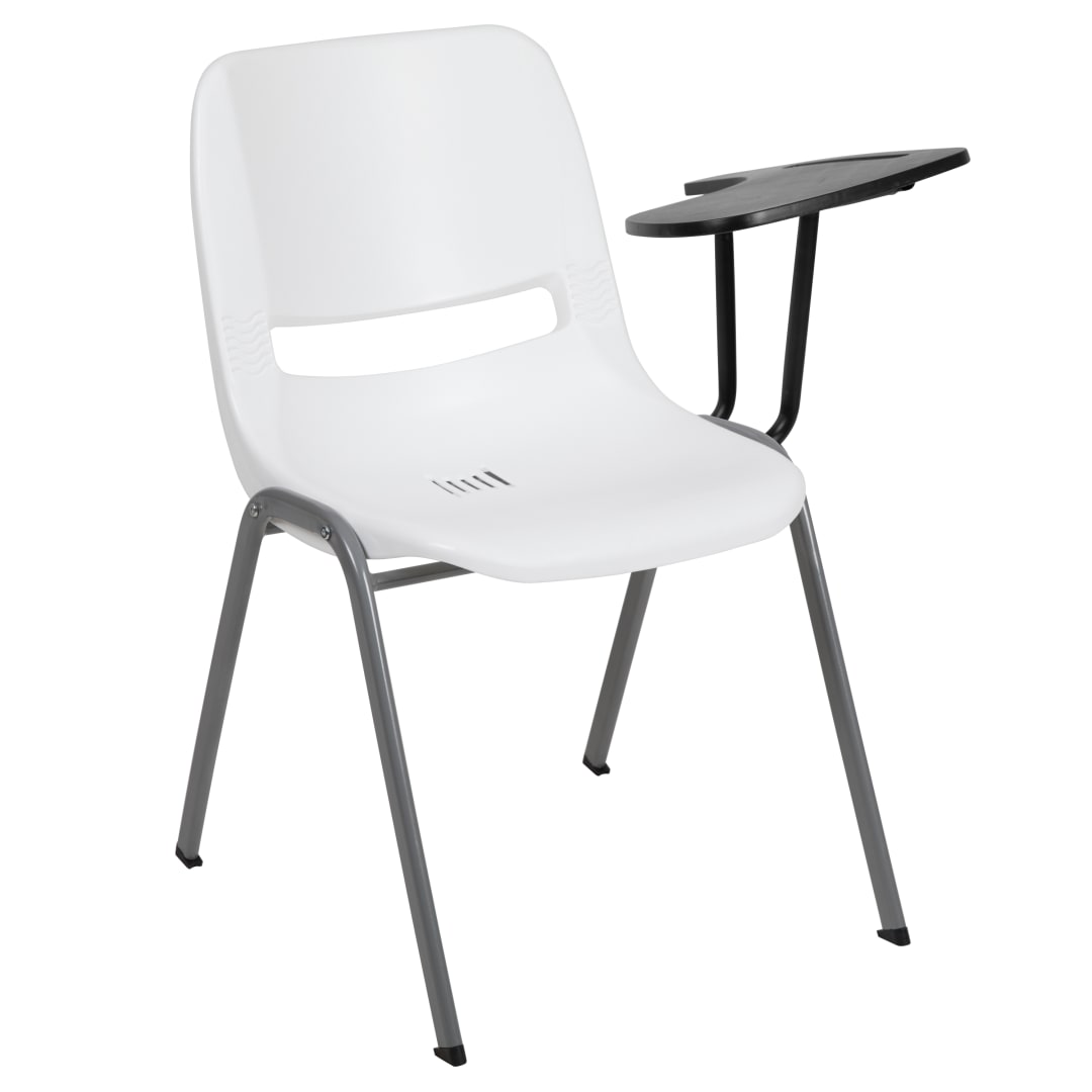 HERCULES White Ergonomic Shell Chair with Left Handed Flip-Up Tablet Arm