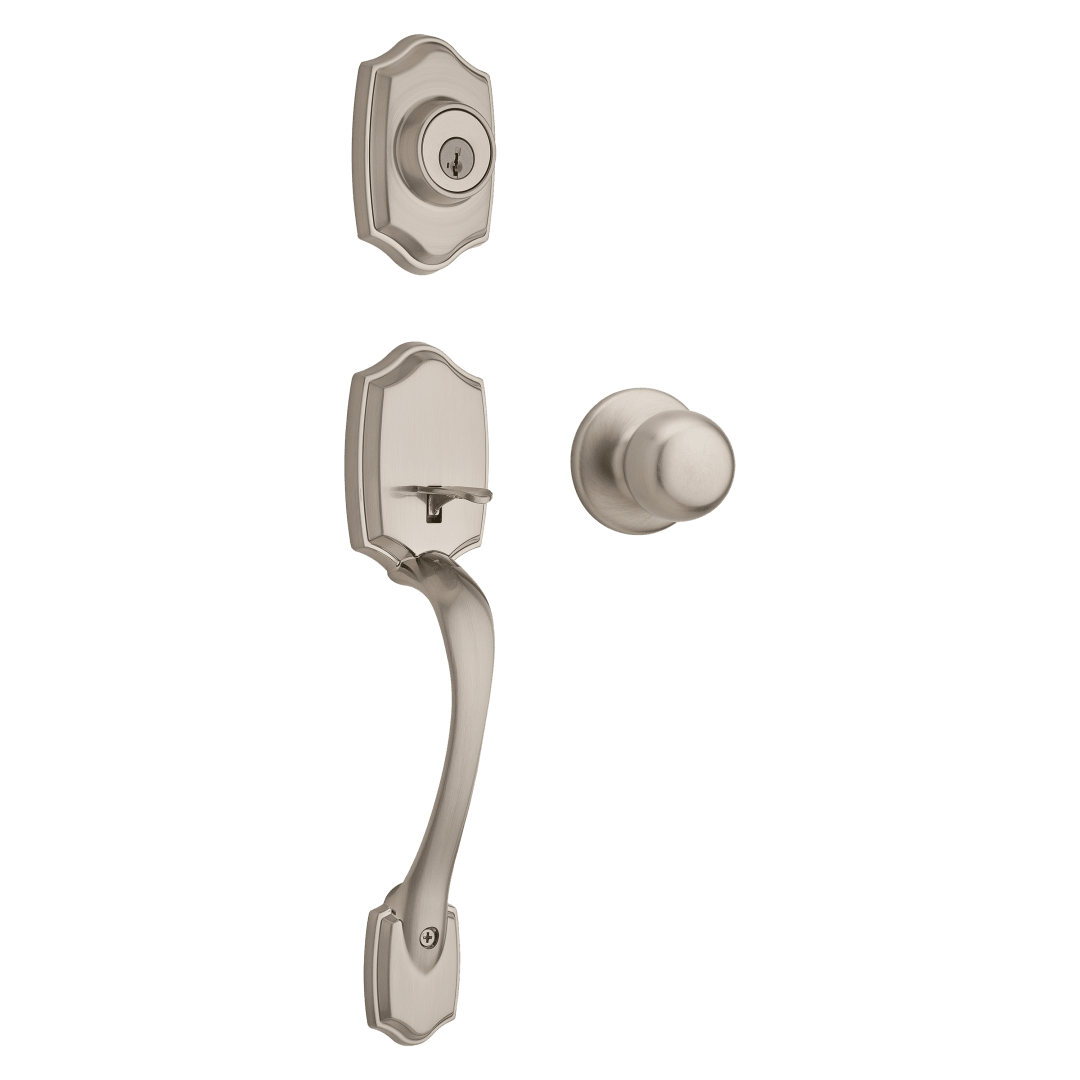 Brentwood Single Cylinder Handleset featuring SmartKey Security™ in Satin Nickel