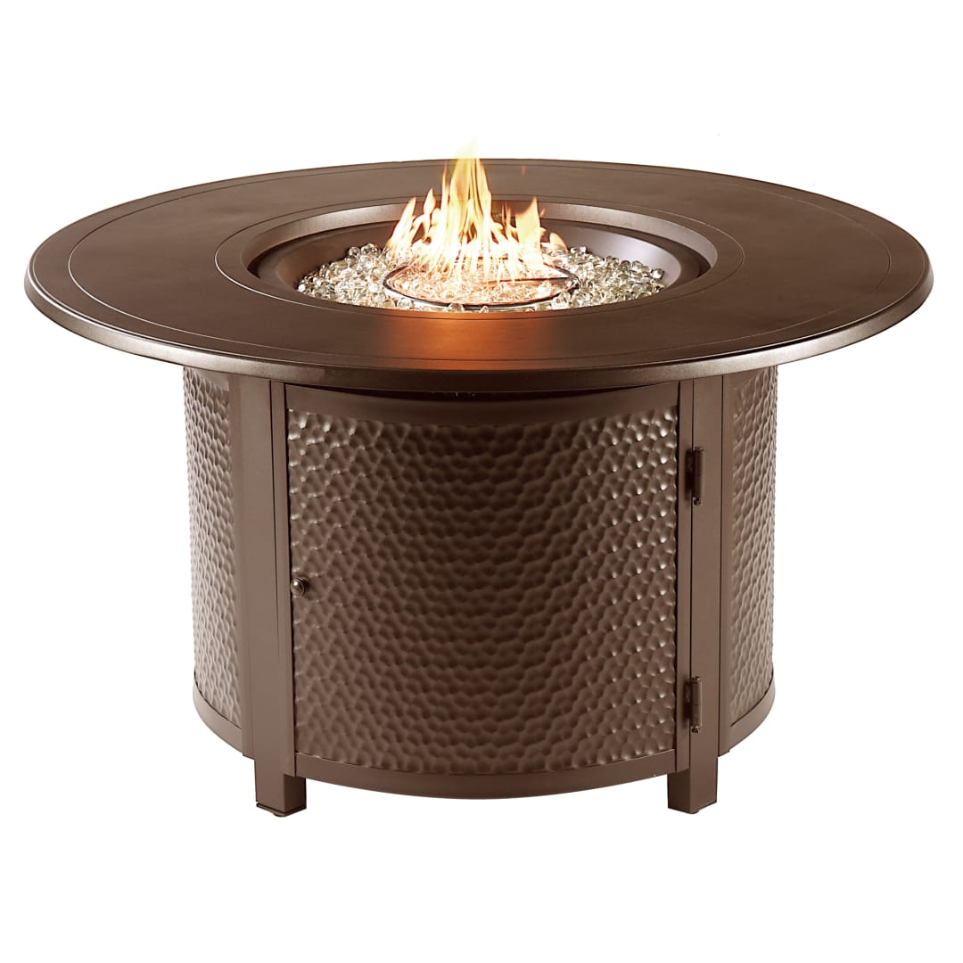 Round 44 in. x 44 in. Aluminum Propane Fire Pit Table with Glass Beads, Two Covers, Lid, 55,000 BTUs in Brown Finish
