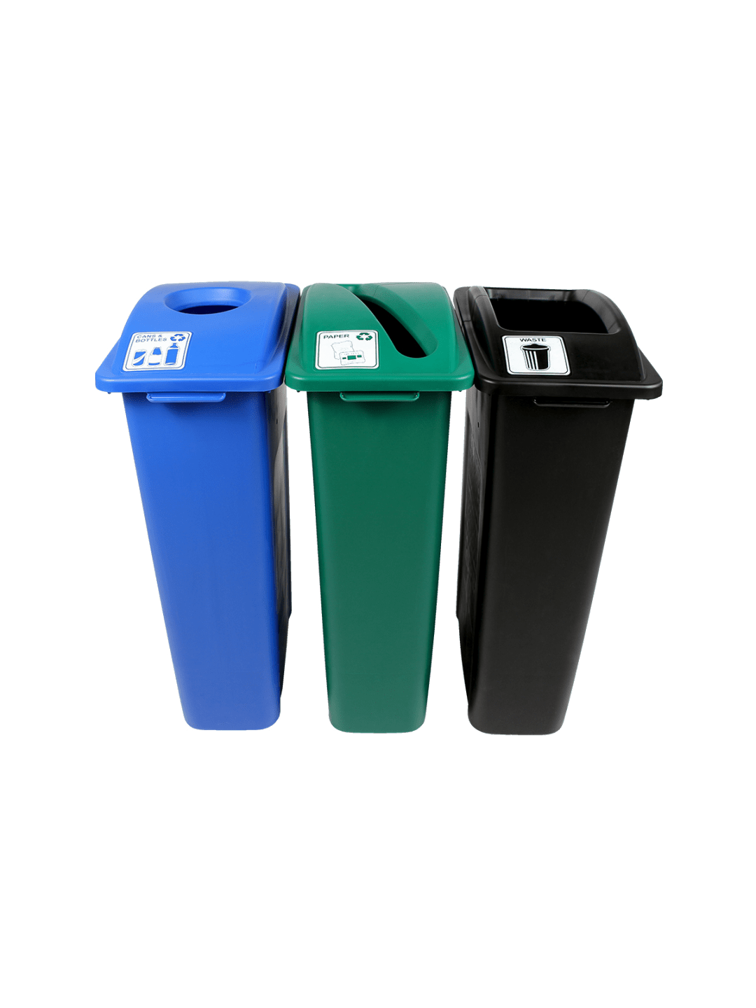  WASTE WATCHER - Triple - Kit - Cans &amp; Bottles-Paper-Waste - Circle-Slot-Full - Blue-Green-Black