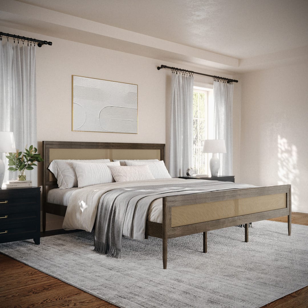Jax King Size Solid Wood Platform Bed with Rattan Headboard and Footboard, No Box Spring Required, Brown Gray