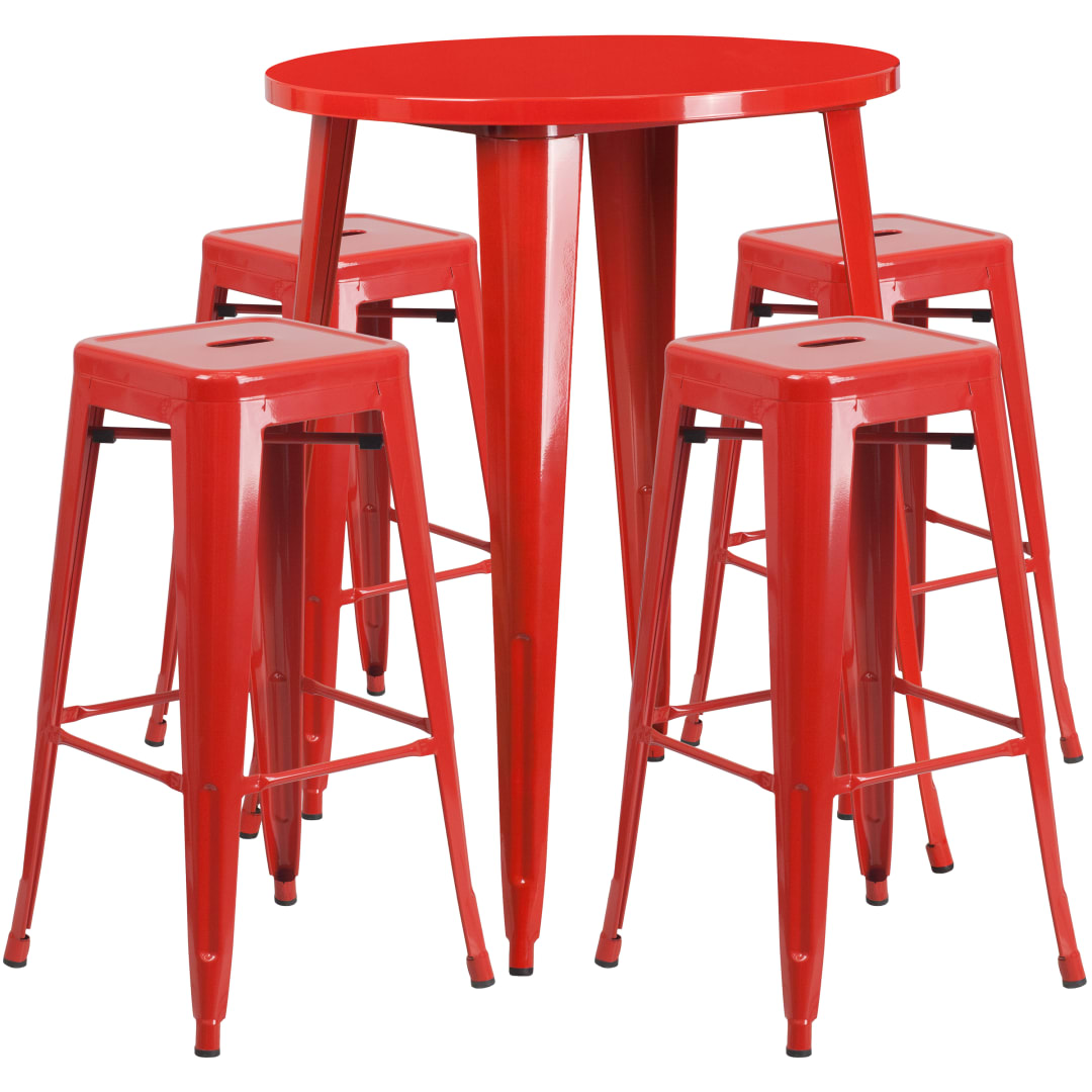 Coby Commercial Grade 30" Round Red Metal Indoor-Outdoor Bar Table Set with 4 Square Seat Backless Stools