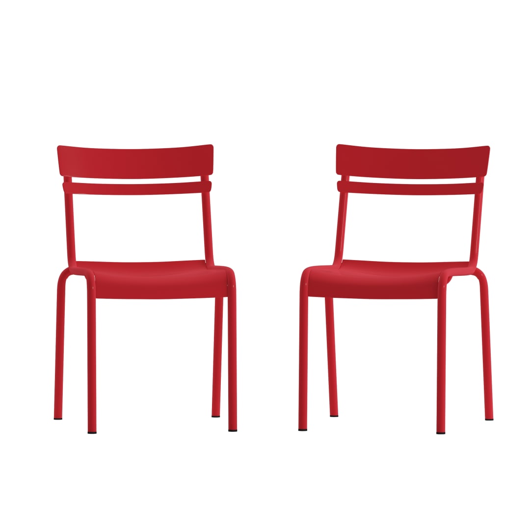 Nash Commercial Grade Steel Stack Chair, Indoor-Outdoor Armless Chair with 2 Slat Back in Red, Set of 2