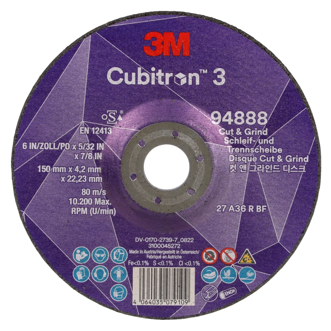 3M™ Cubitron™ 3 Kesme ve Taşlama Taşı, 94888, 36+, T27, 150 mm x 4,2 mm x 22,23 mm, EN, 10/Paket, 20 adet/Kutu