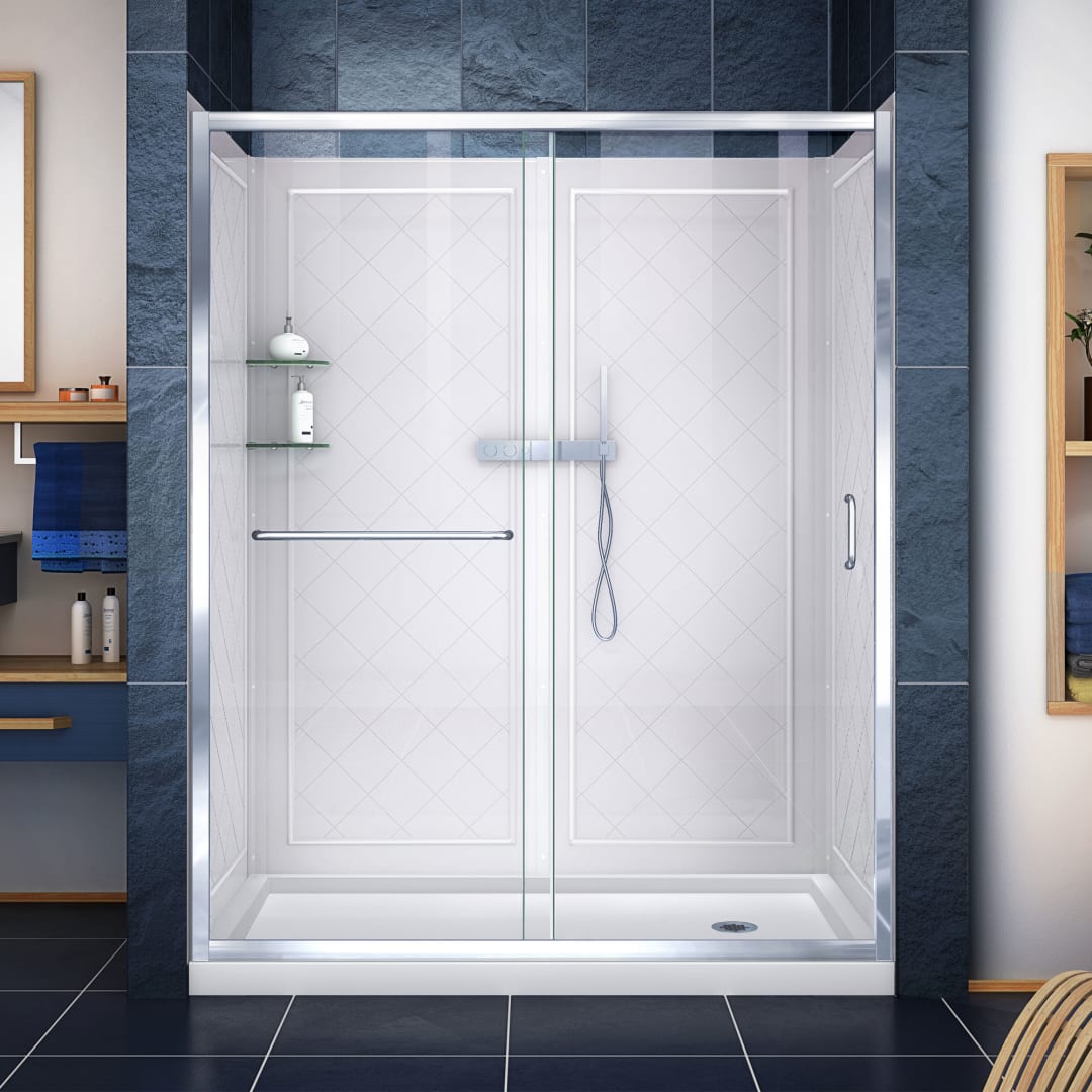 DreamLine Infinity-Z 36 inch D x 60 inch W x 76 3/4 inch H Semi-Frameless Sliding Shower Door in Chrome and Clear Glass, Center Drain Shower Base, and Wall Kit in White