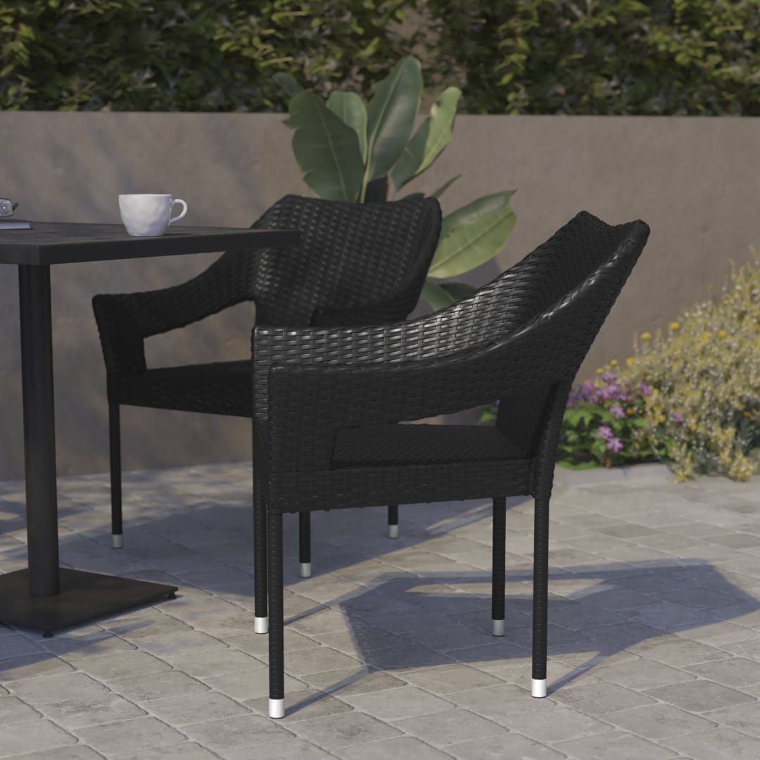 Ethan Set of 2 Commercial Grade Stacking Patio Chairs, All Weather PE Rattan Wicker Patio Dining Chairs in Black