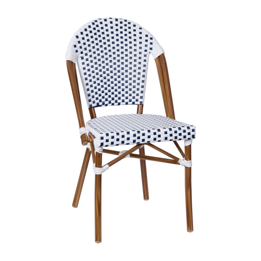 Lourdes Indoor/Outdoor Commercial Bistro Stacking Chair, White and Navy PE Rattan Back and Seat, Bamboo Print Aluminum Frame in Natural