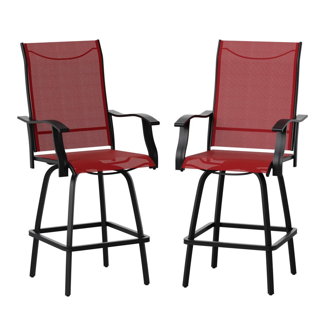Valerie Patio Bar Height Stools Set of 2, All-Weather Textilene Swivel Patio Stools with High Back & Armrests in Red
