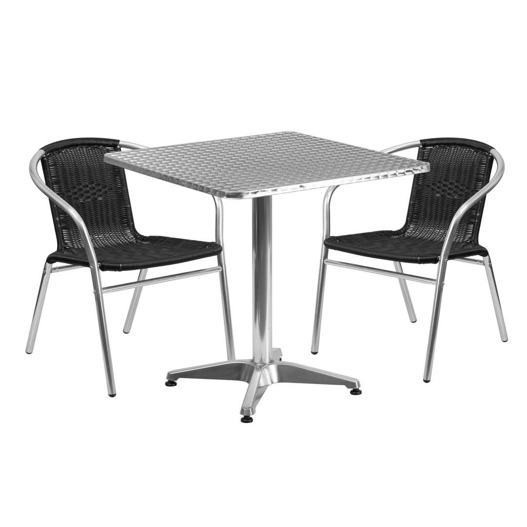 Lila 27.5'' Square Aluminum Indoor-Outdoor Table Set with 2 Black Rattan Chairs