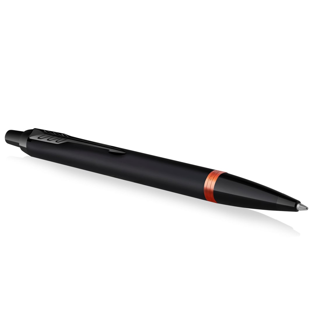 Parker IM Vibrant Rings Ballpoint Pen, Satin Black Lacquer with Flame Orange Accents, Medium Point with Blue Ink Refill, Gift Box