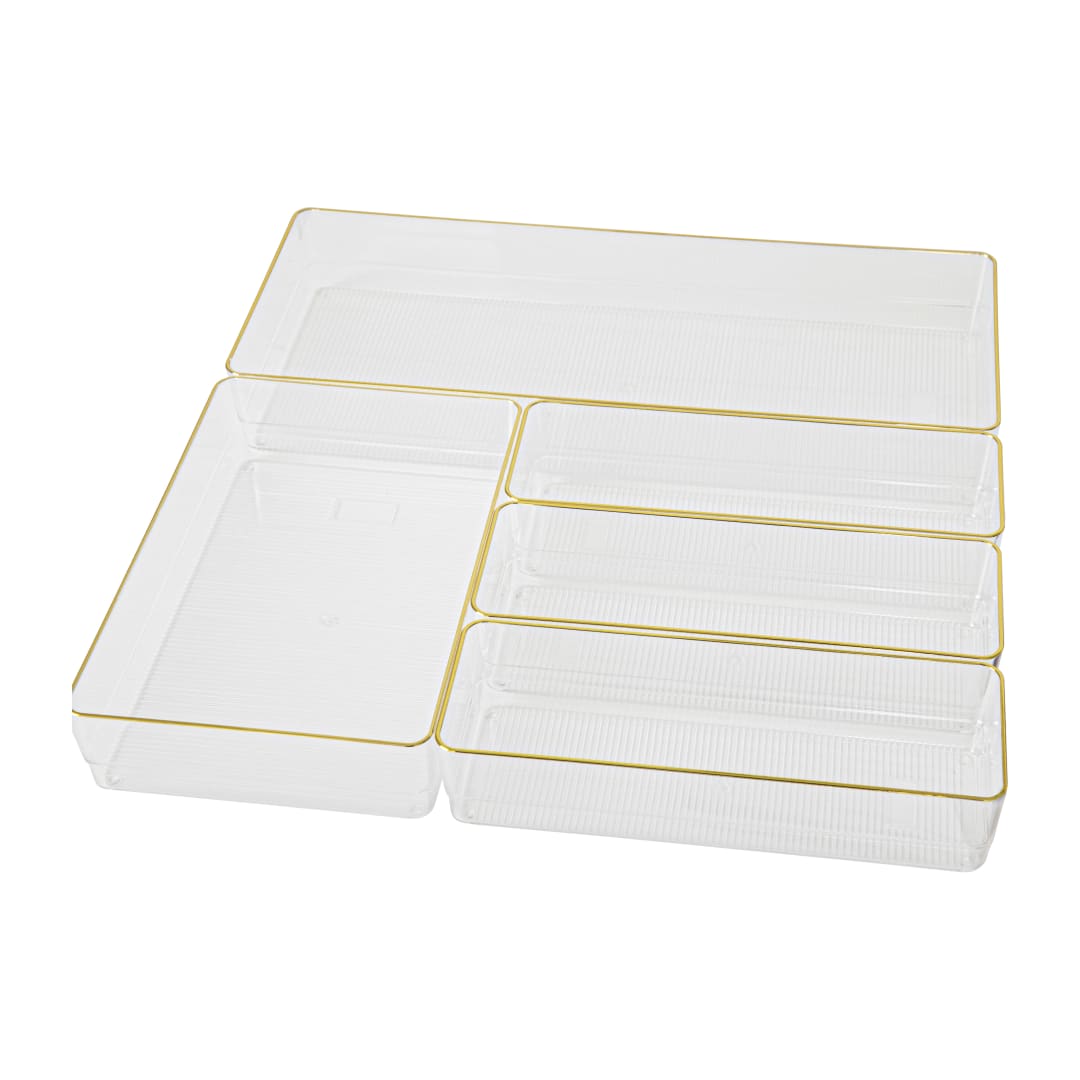 Kerry Plastic Stackable Office Desk Drawer Organizers with Gold Trim, Various Sizes, Set of 5