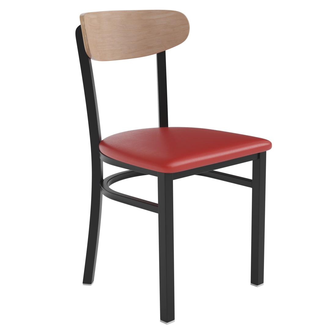 Wright Commercial Dining Chair with 500 LB. Capacity Black Steel Frame, Natural Birch Finish Wooden Boomerang Back, and Red Vinyl Seat