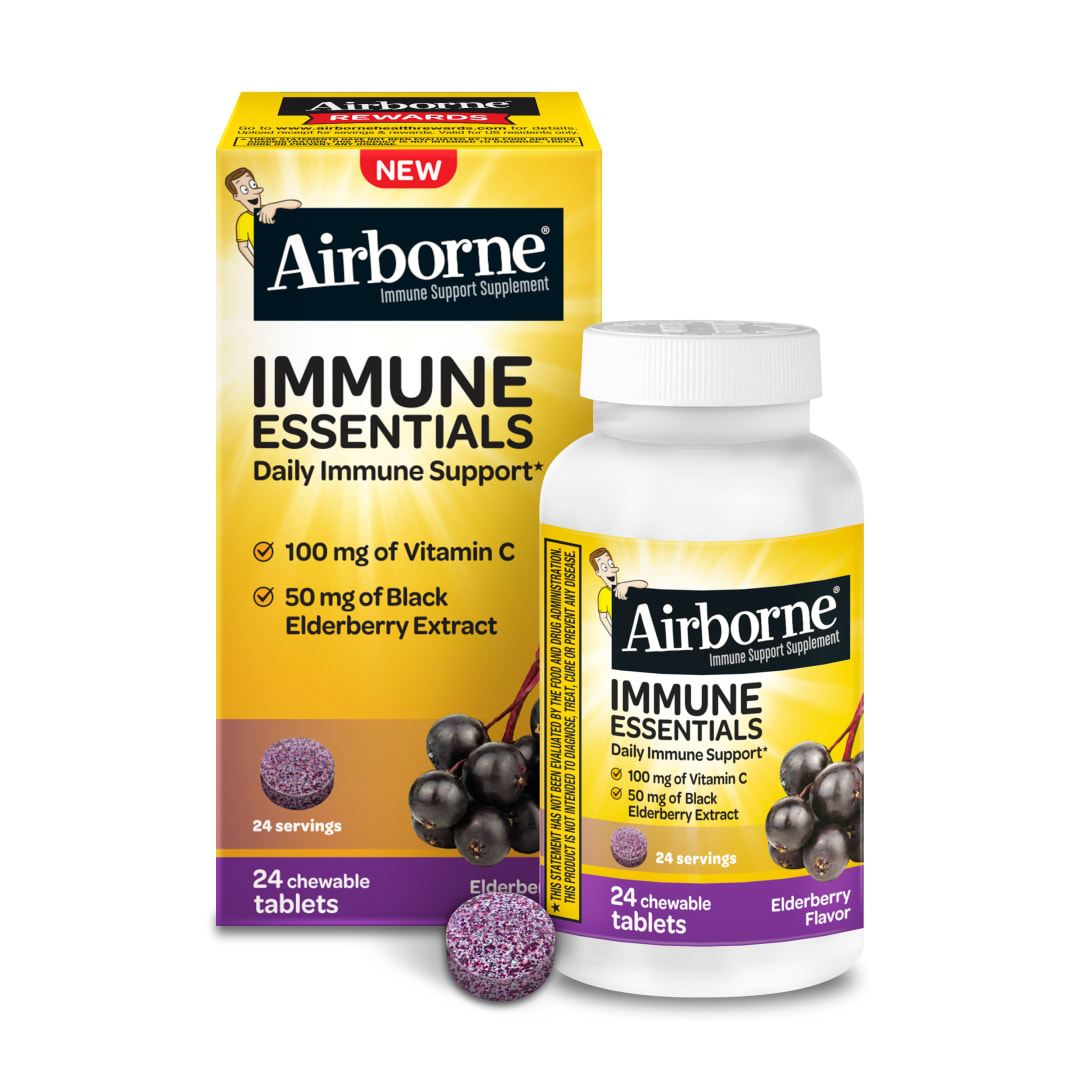 Airborne Immune Essentials, Tabletas masticables de vitamina C y zinc para el soporte inmunológico, saúco, paquete de 24