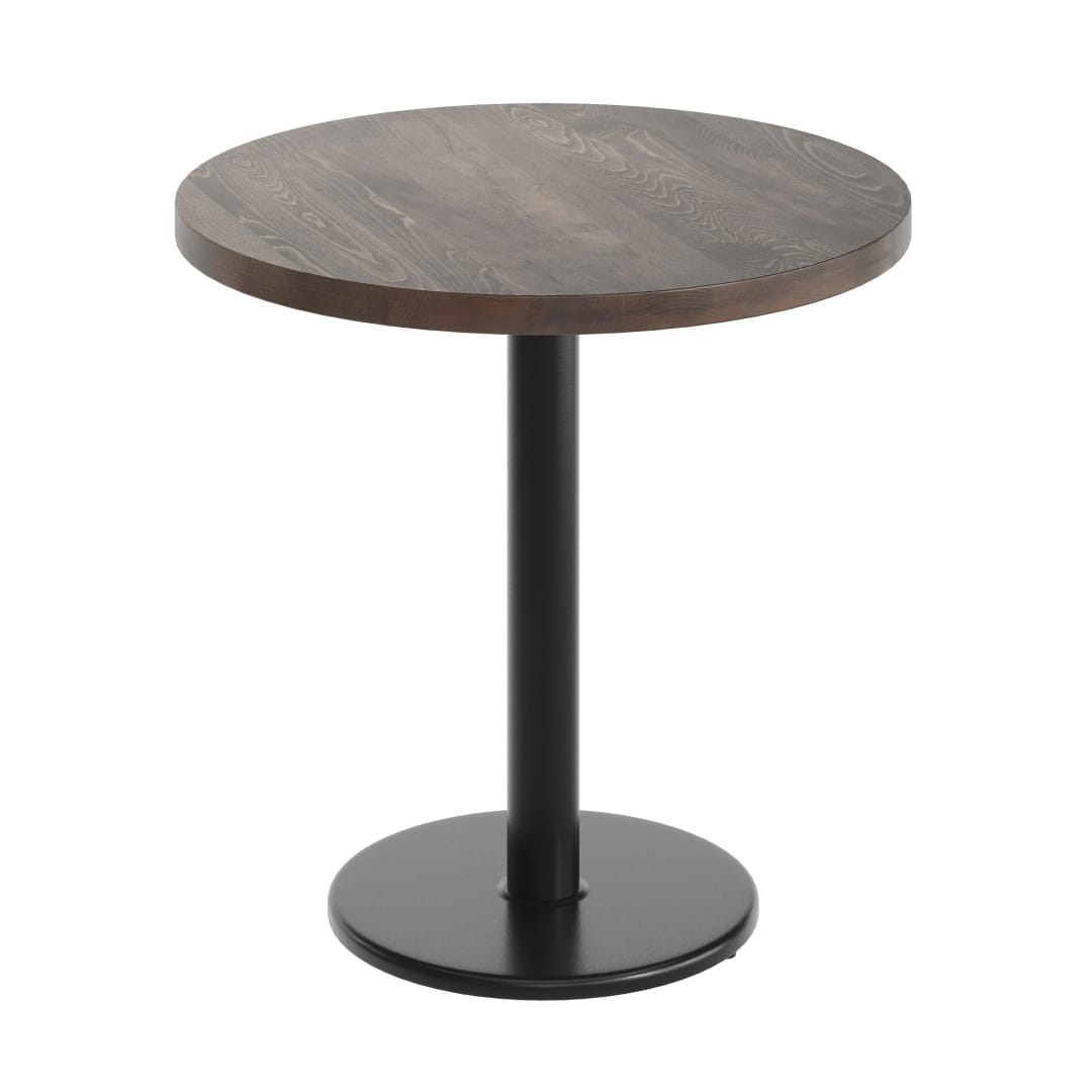 Bennett 30" Round Solid Wood Commercial Indoor Tabletop in Dark Brown with 18" Round Dining Height Rust-Resistant Black Cast Iron Base