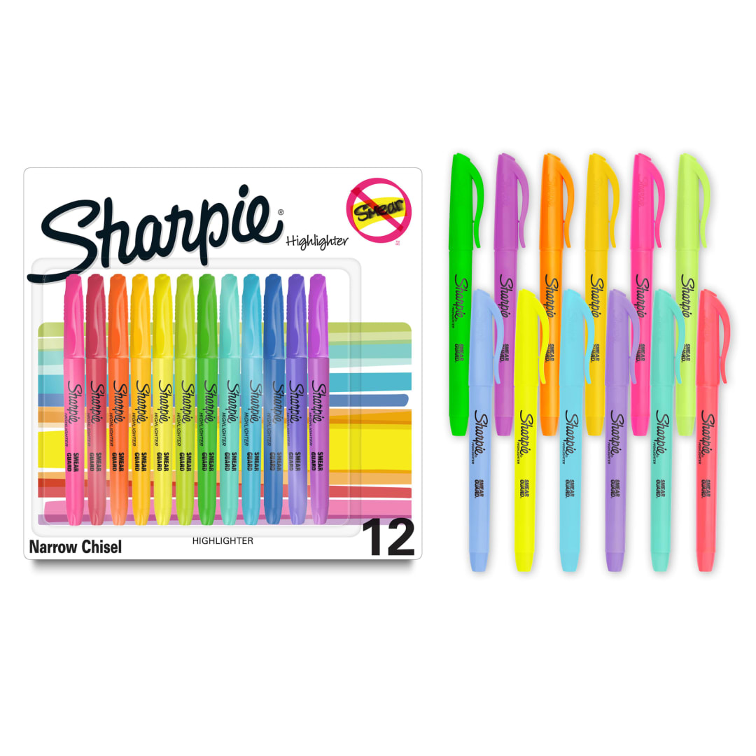 Sharpie® Pocket Highlighters, Assorted, Chisel Tip, 12 Count