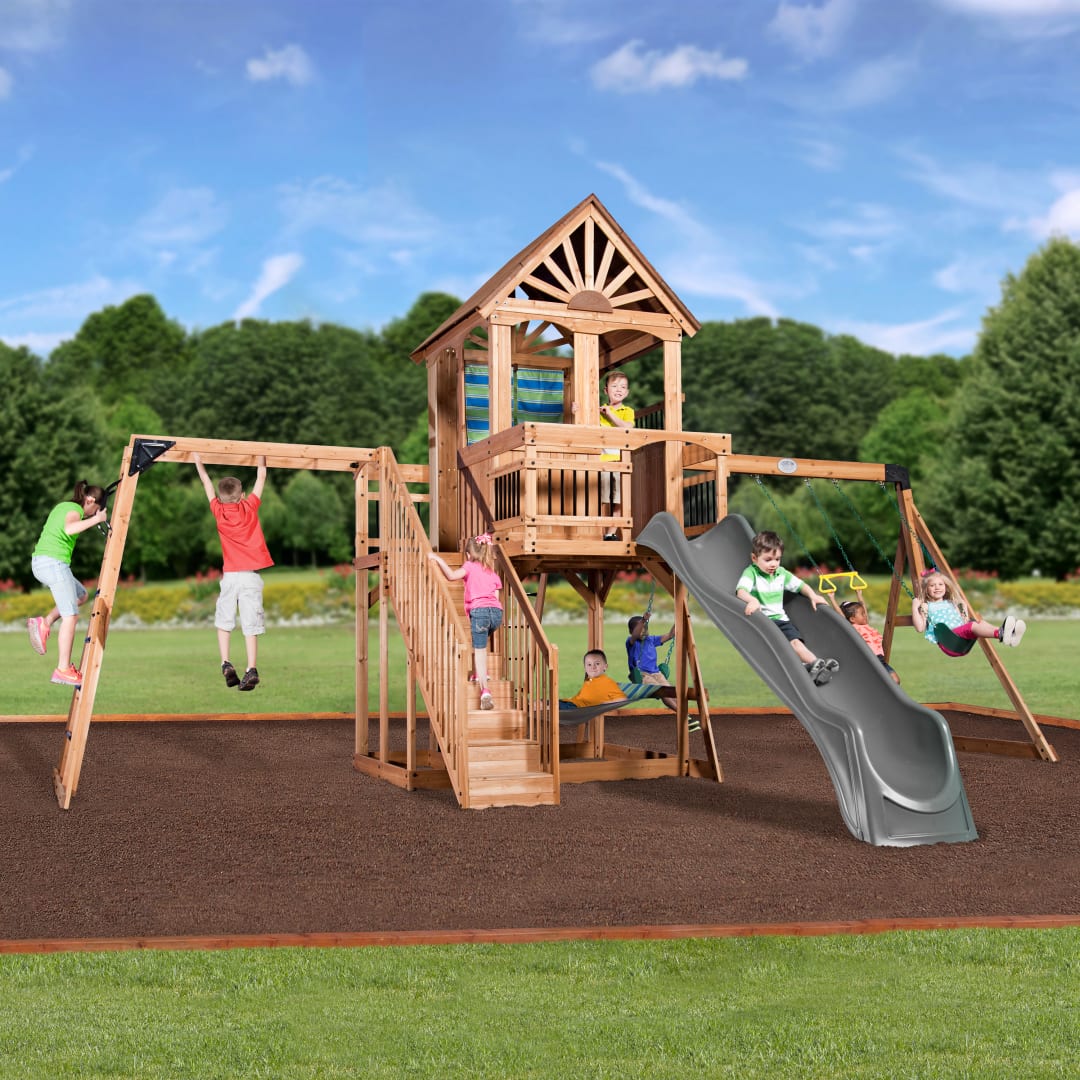 Oceanview Swing Set With Gray Wave Slide