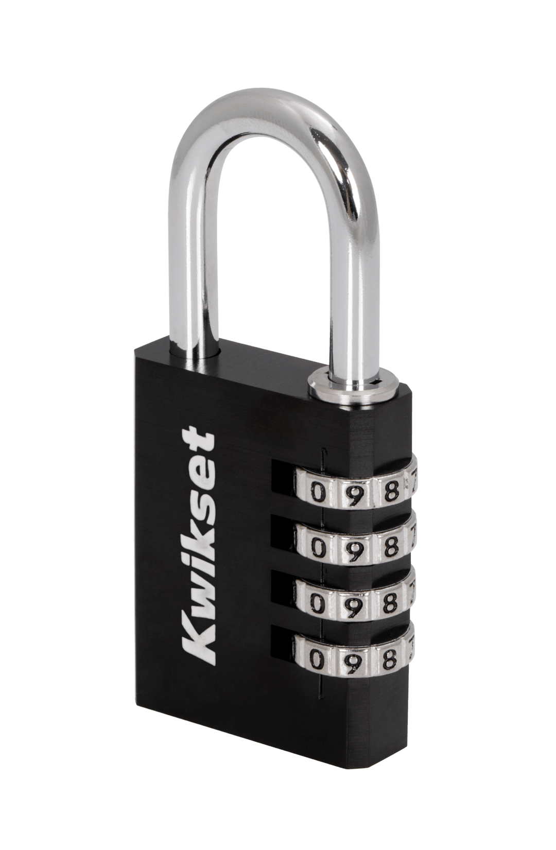 Kwikset Aluminum Combination Padlock, 4-Digit, 1-1/2 in Body, 1-3/16 in Shackle, 1 Pack, Black