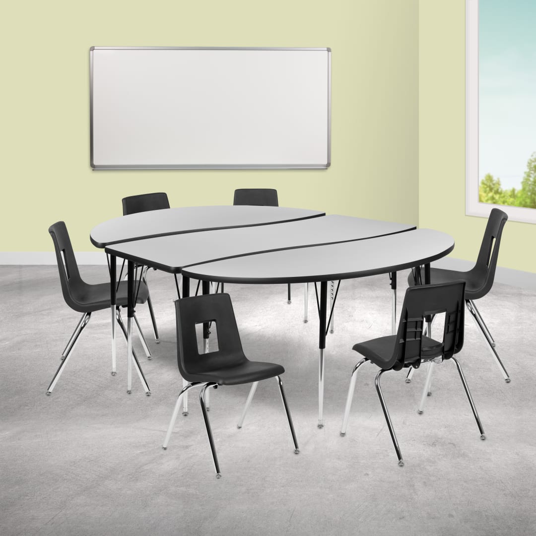 Emmy 86" Oval Wave Flexible Laminate Activity Table Set with 18" Student Stack Chairs, Grey/Black