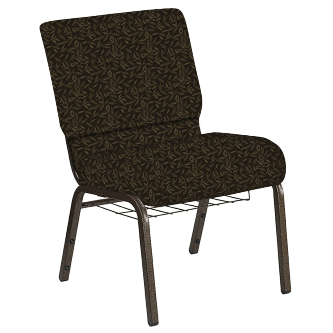 Embroidered 21''W Church Chair in Jasmine Chocolate Fabric with Book Rack - Gold Vein Frame