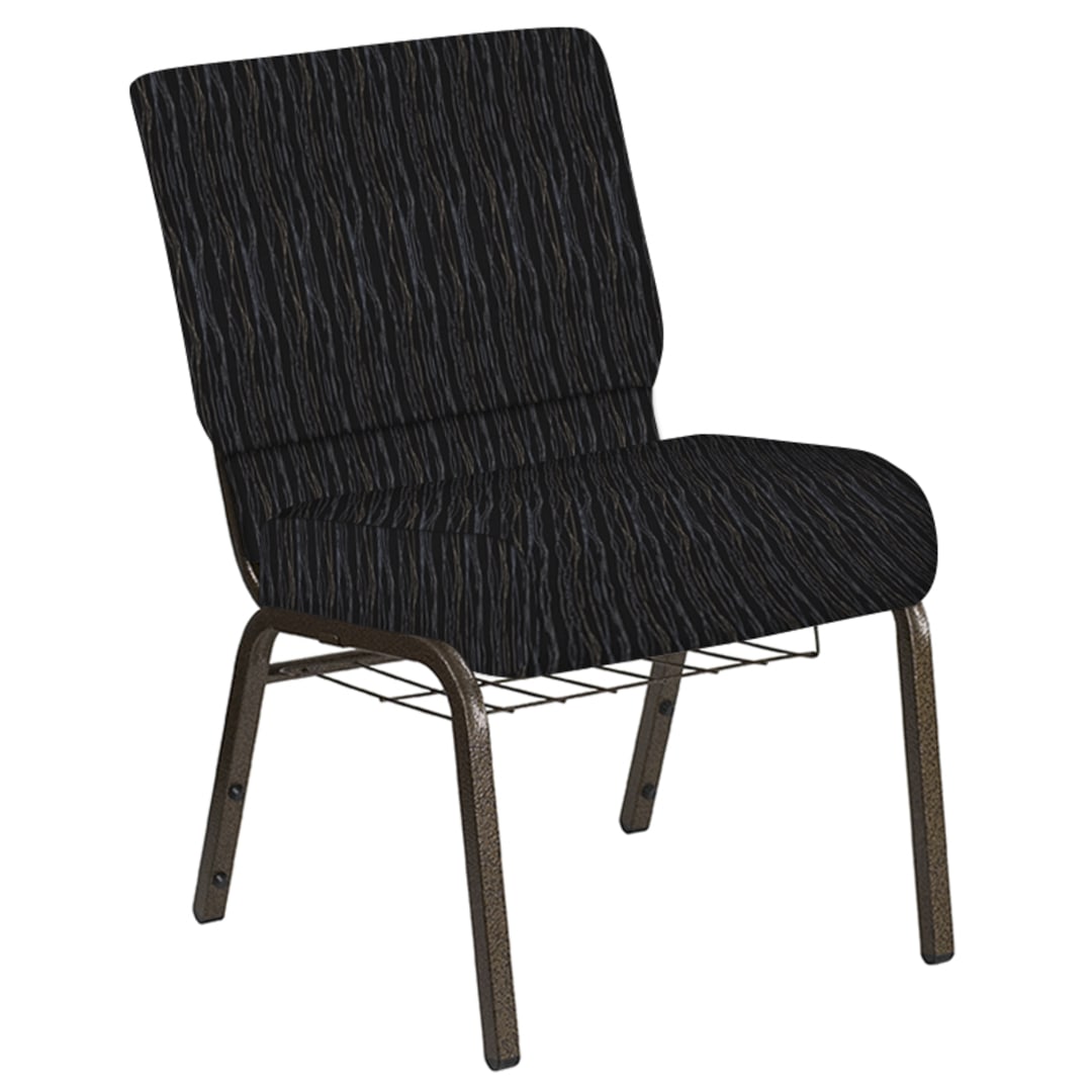 Embroidered 21''W Church Chair in Mystery Ebony Fabric with Book Rack - Gold Vein Frame