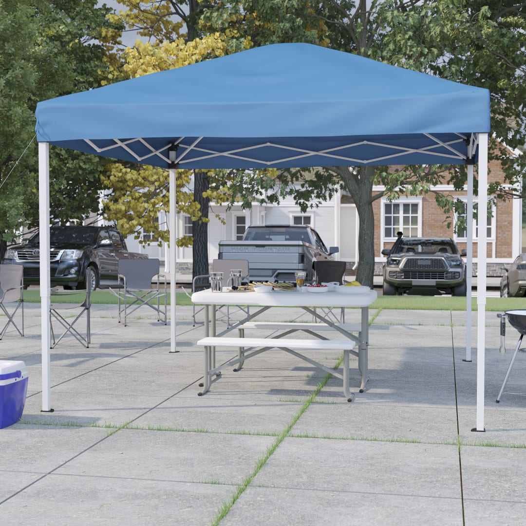 Knox 10'x10' Blue Pop Up Event Canopy Tent with Carry Bag and Folding Bench Set - Portable Tailgate, Camping, Event Set