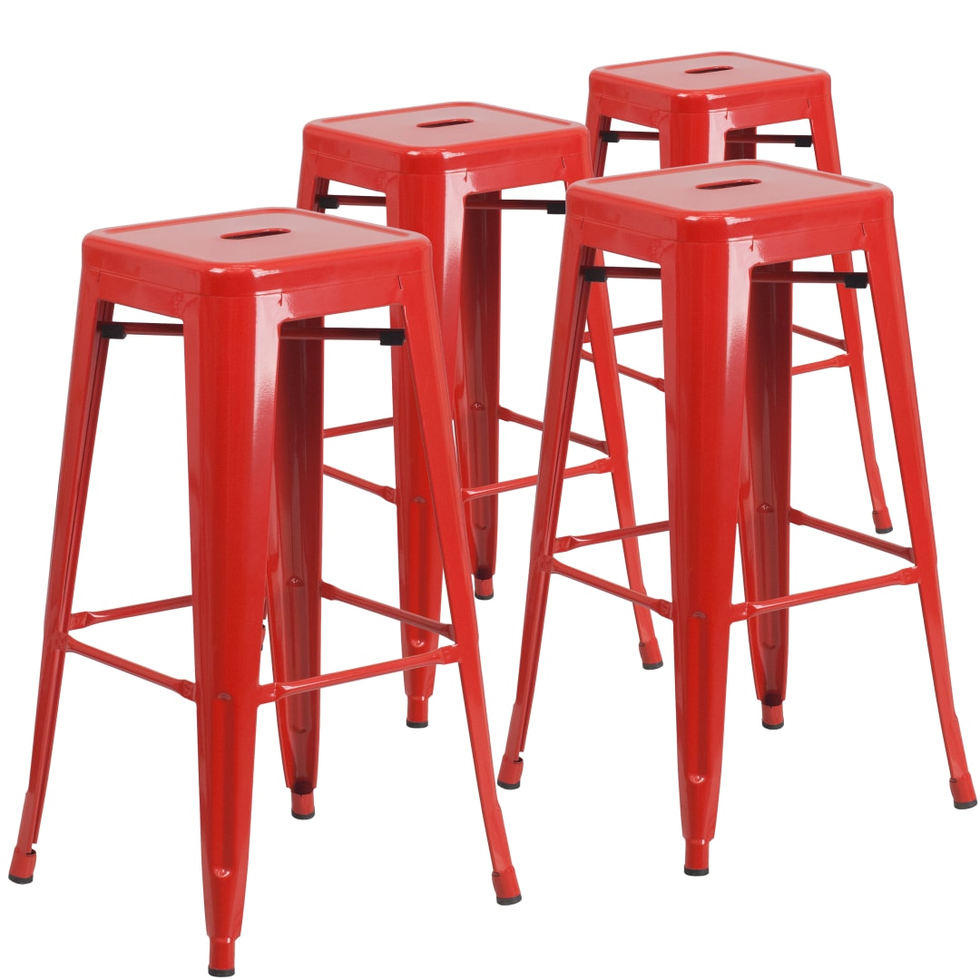 Lily 4 Pack Commercial Grade 30" High Backless Red Metal Indoor-Outdoor Barstool with Square Seat