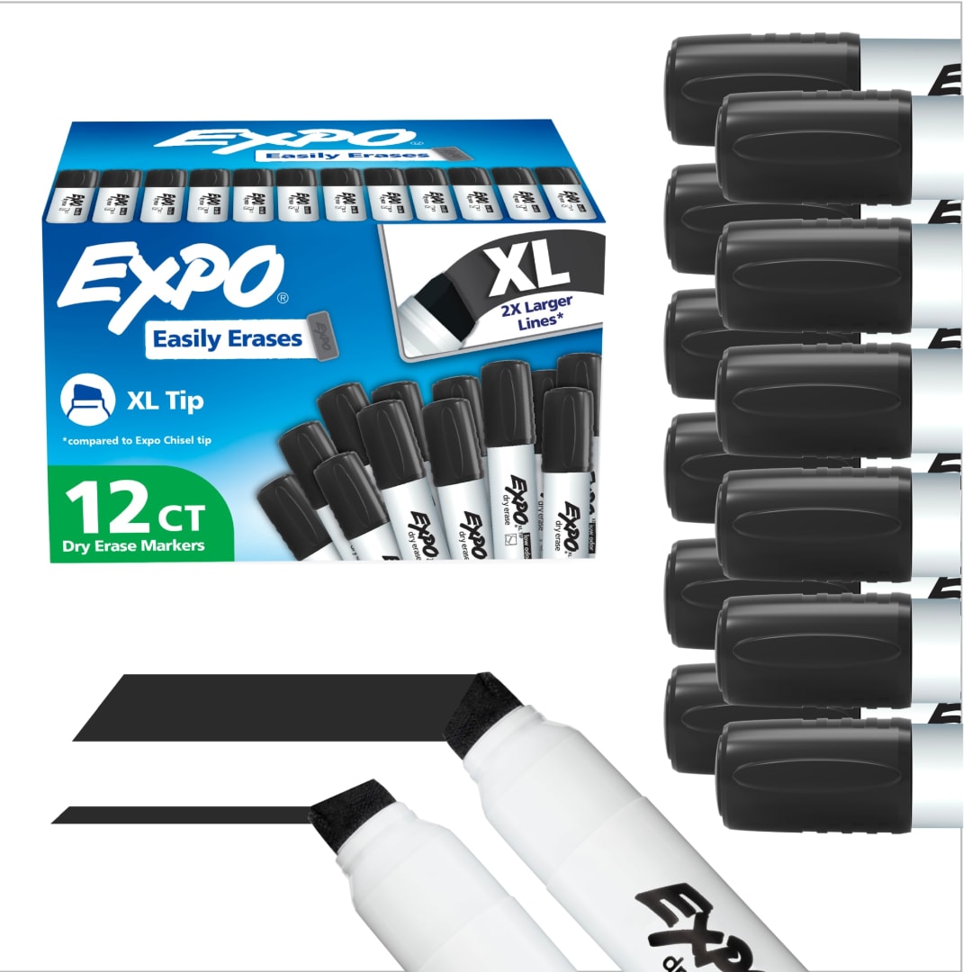 EXPO Dry Erase Markers, Low Odor Ink, Black, XL Tip, 12 Count