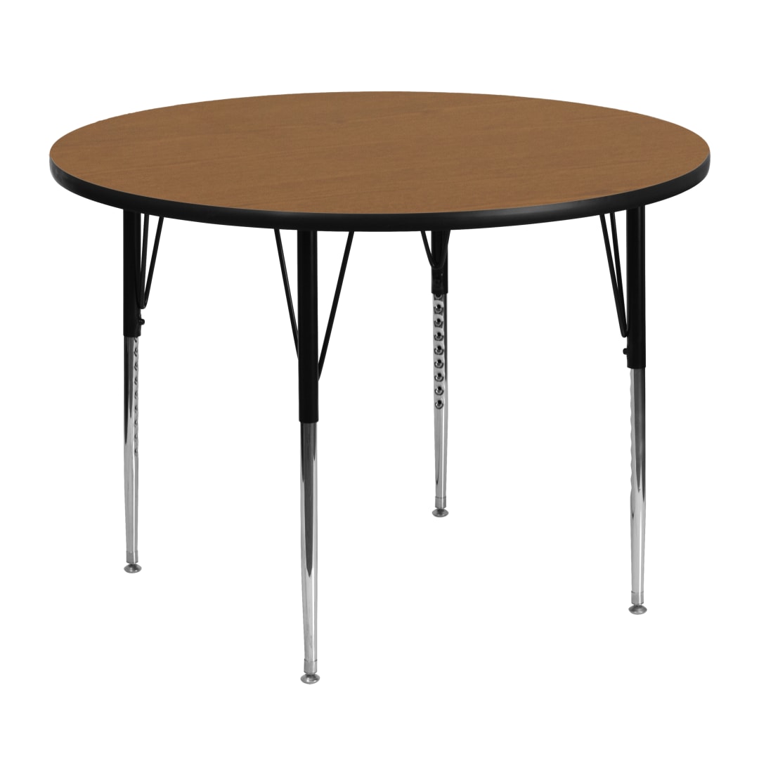 Wren 48'' Round Oak Thermal Laminate Activity Table - Standard Height Adjustable Legs