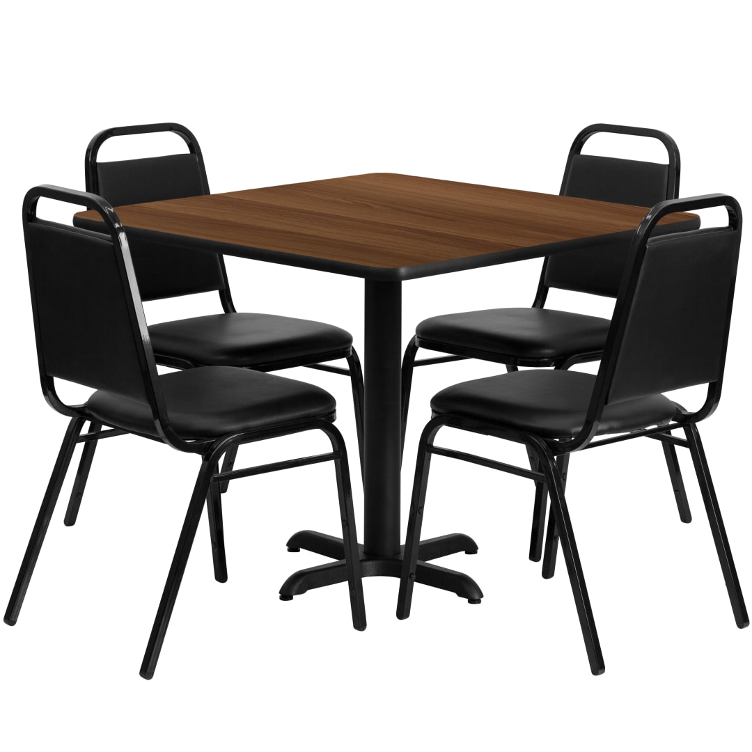 Carlton 36'' Square Walnut Laminate Table Set with X-Base and 4 Black Trapezoidal Back Banquet Chairs