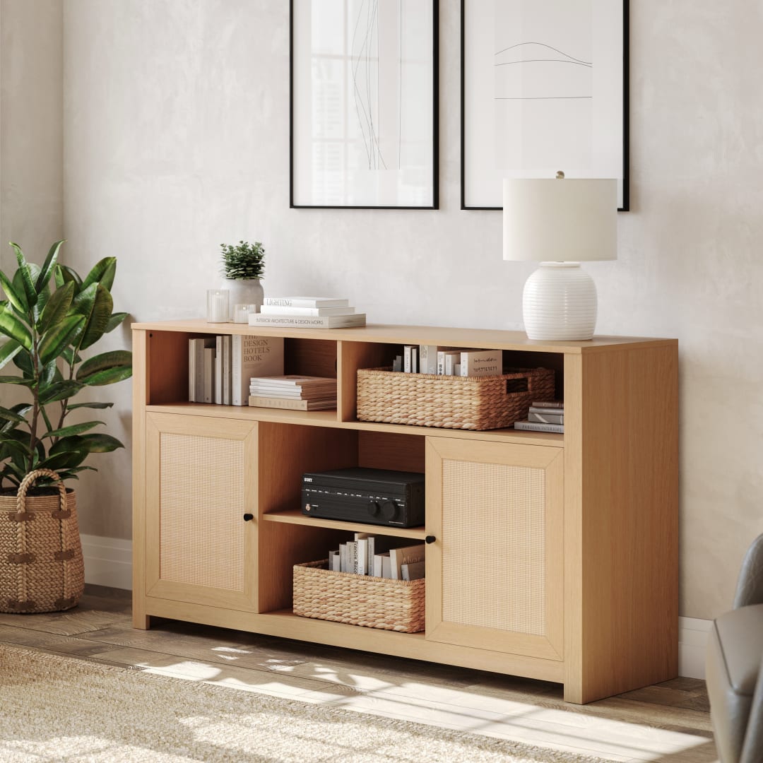 Malaki Mid-Century Modern 58 Inch Buffet Sideboard with 2 Soft Close Doors and Adjustable Center Shelf, TV Stand for up to 65" TV's, Natural/Rattan