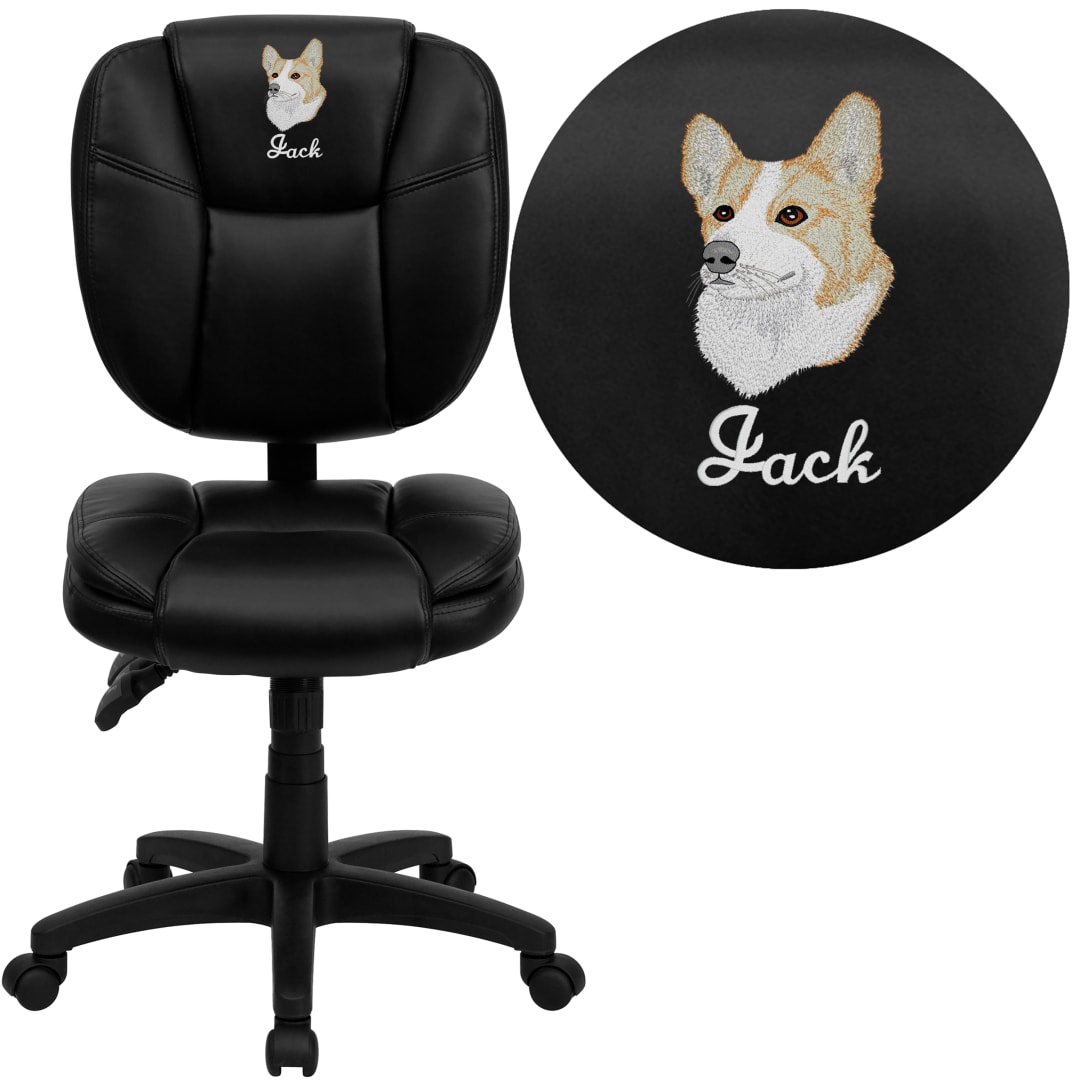 Caroline Embroidered Mid-Back Black LeatherSoft Multifunction Swivel Ergonomic Task Office Chair with Pillow Top Cushioning