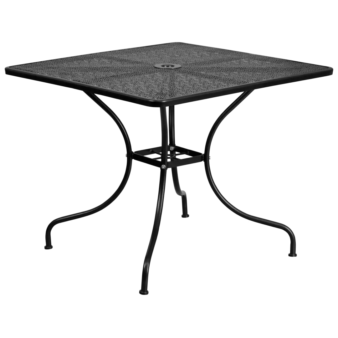 Oia Commercial Grade 35.5" Square Black Indoor-Outdoor Steel Patio Table with Umbrella Hole