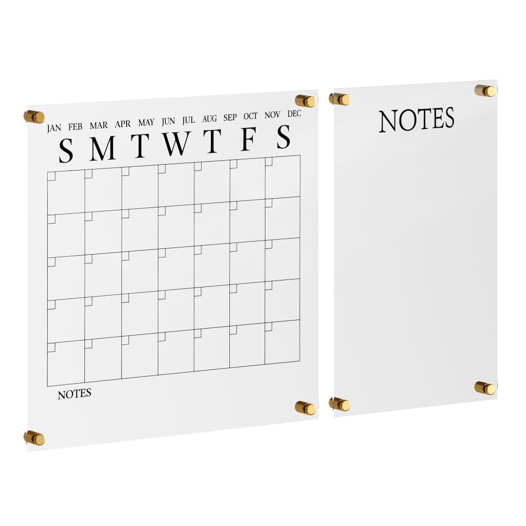Grayson Acrylic Wall Calendar and Notes Board Set with Dry Erase Marker and Mounting Hardware, Clear with Black Print
