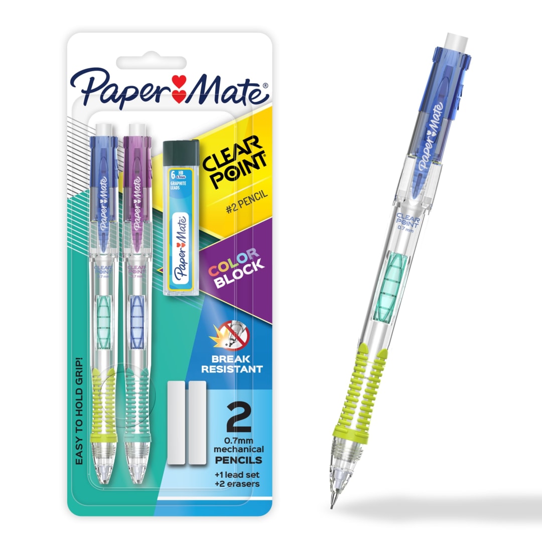 Paper Mate Clearpoint Mechanical Pencil, Break-Resistant, Color Block Edition, HB #2 Lead (0.7mm), Includes Eraser and Lead Refills, 5 Piece Set