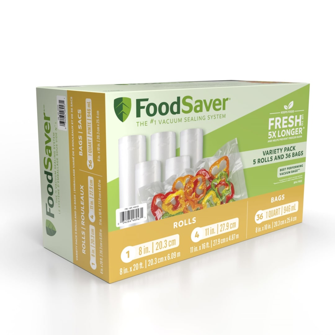 FoodSaver Vacuum Seal Variety Pack, Rolls and Bags for Airtight Food Storage and Sous Vide, 1 Roll (8" x 20'), 4 Rolls (11" x 16') and 36 Bags