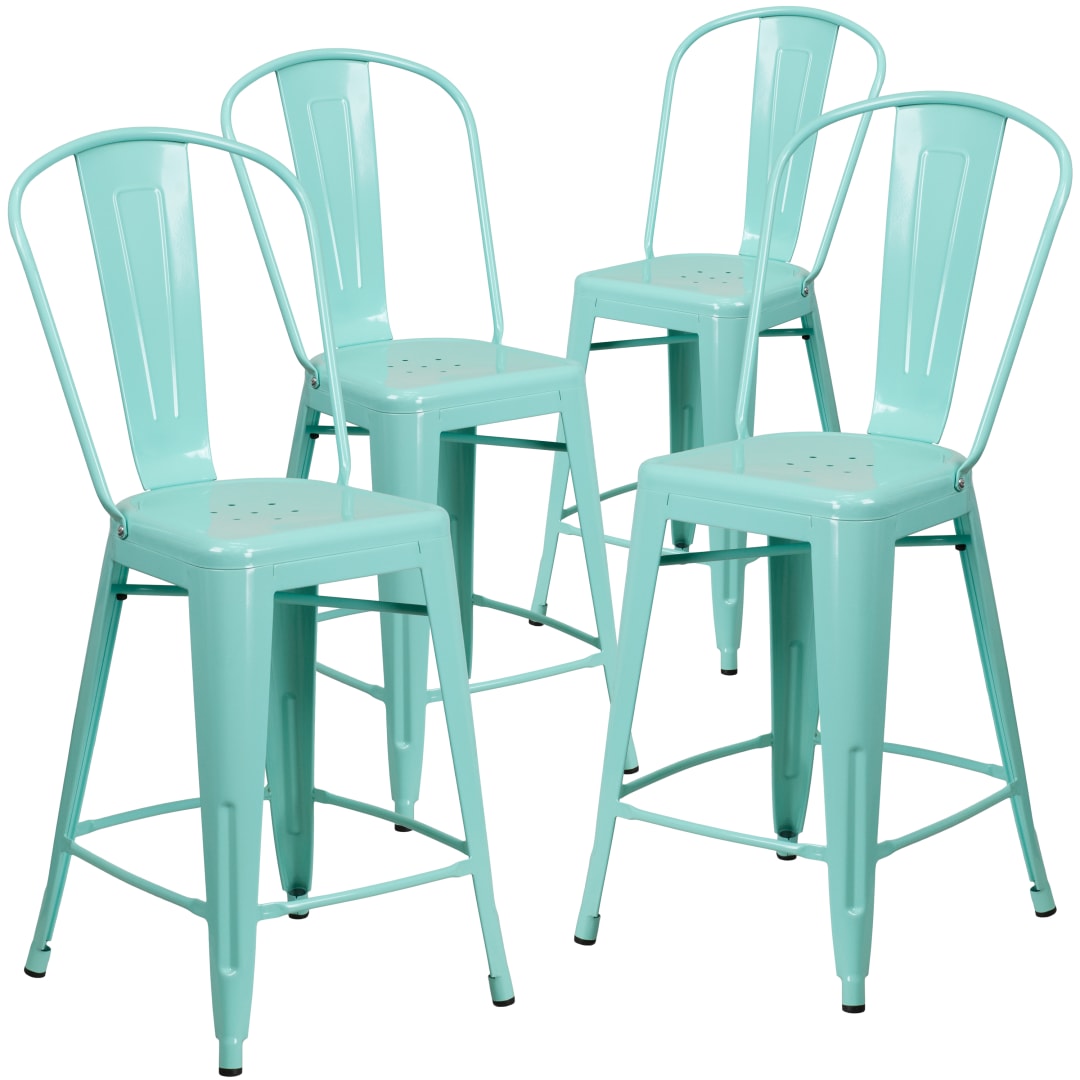Blake Commercial Grade 4 Pack 24" High Mint Green Metal Indoor-Outdoor Counter Height Stool with Back
