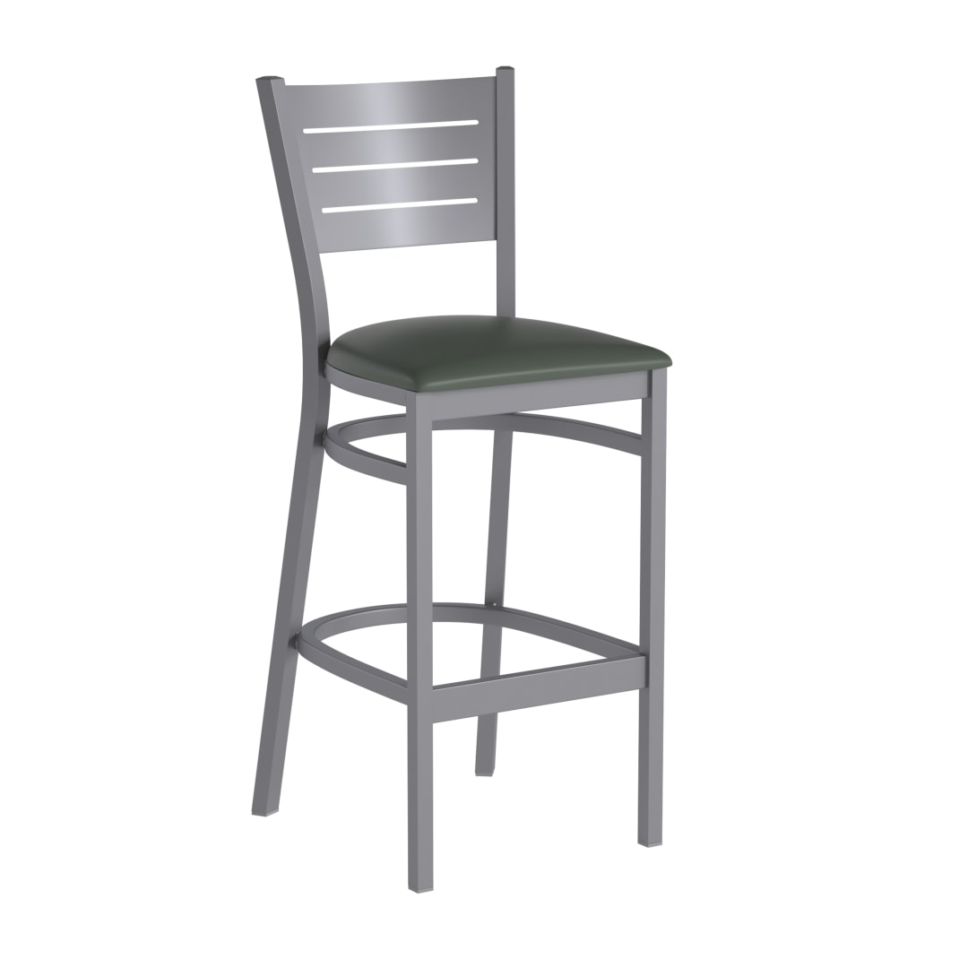 HERCULES Silver Slat Back Metal Restaurant Barstool - Green Vinyl Seat