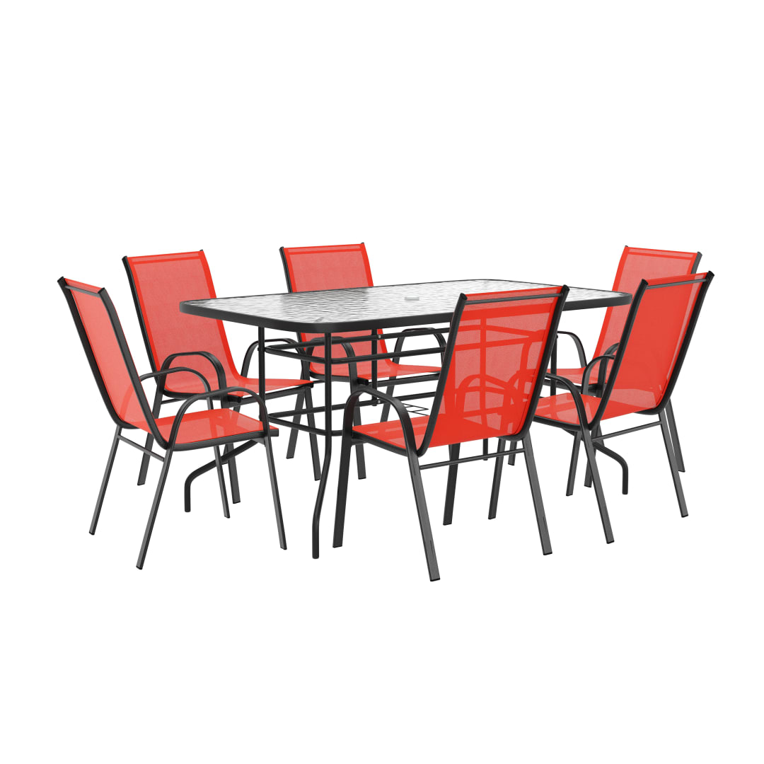 Brazos 7 Piece Outdoor Patio Dining Set - 55" Tempered Glass Patio Table with Umbrella Hole, 6 Red Flex Comfort Stack Chairs